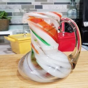Hand Blown‎ Art Glass Pitcher Orange Green White Swirl Design 20oz